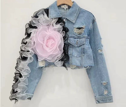Short Denim Coat for Women with Mesh Design and Holes