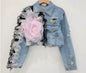 Short Denim Coat for Women with Mesh Design and Holes