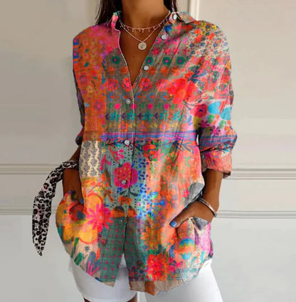 Joan Vintage Floral Print Blouse with Abstract Design