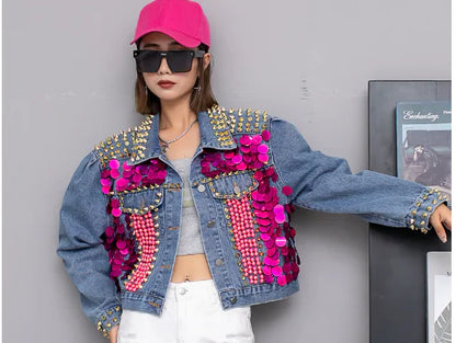 Sequin Short Denim Jacket for Women (One Piece)